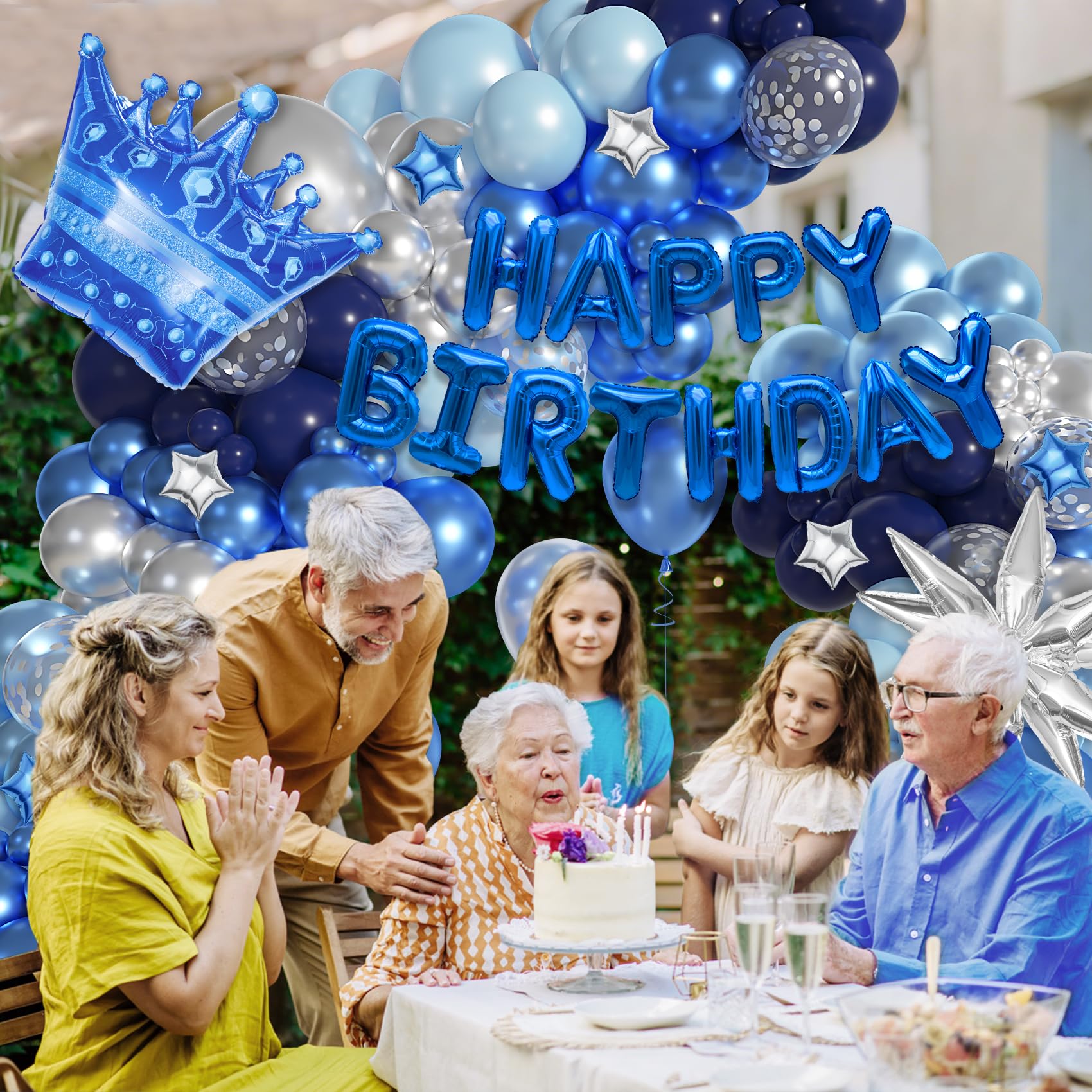 Ouddy Life 164-Piece Blue & Silver Balloon Kit for Men's Birthday – Navy Blue, Star Foil, and Fringe Decor for 21st 25th 30th 50th Parties