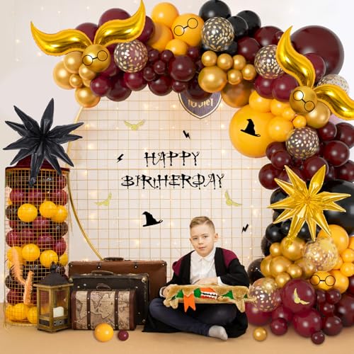 Ouddy Life 172-Piece Magical Wizard School Balloon Arch Kit - Burgundy, Black & Gold