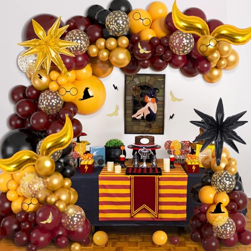 Ouddy Life 172-Piece Magical Wizard School Balloon Arch Kit - Burgundy, Black & Gold