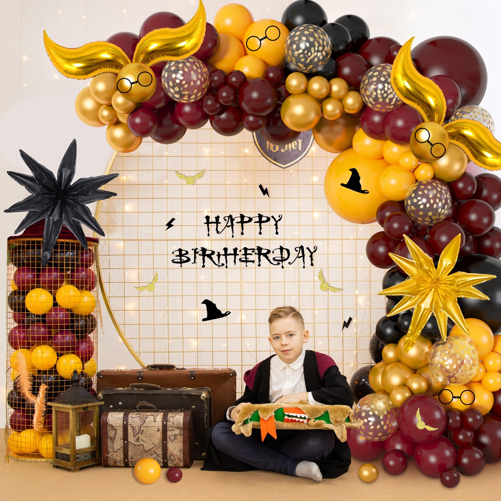 Ouddy Life 172-Piece Magical Wizard School Balloon Arch Kit - Burgundy, Black & Gold