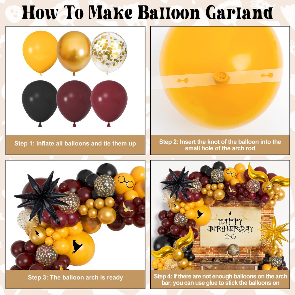 Ouddy Life 172-Piece Magical Wizard School Balloon Arch Kit - Burgundy, Black & Gold