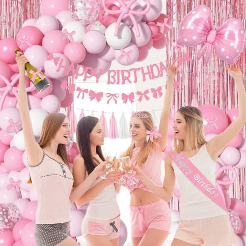 Ouddy Life Pink Bow Birthday Decoration Set – 121 Pieces Coquette Party Supplies with Balloons, Banner, Cake Toppers