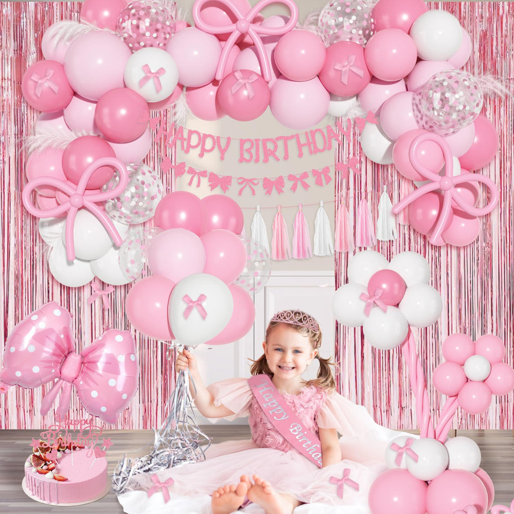 Ouddy Life Pink Bow Birthday Decoration Set – 121 Pieces Coquette Party Supplies with Balloons, Banner, Cake Toppers