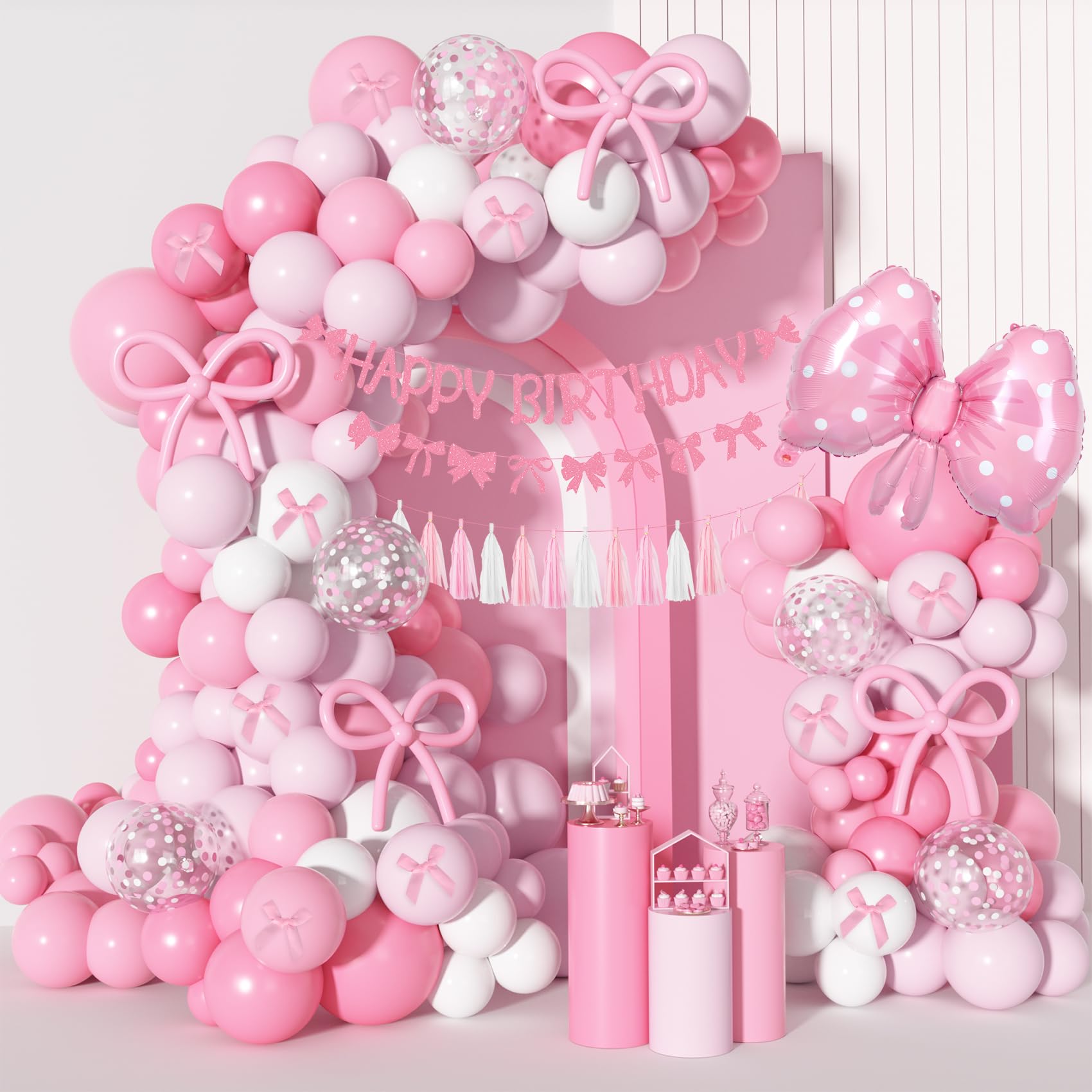 Ouddy Life Pink Bow Birthday Decoration Set – 121 Pieces Coquette Party Supplies with Balloons, Banner, Cake Toppers