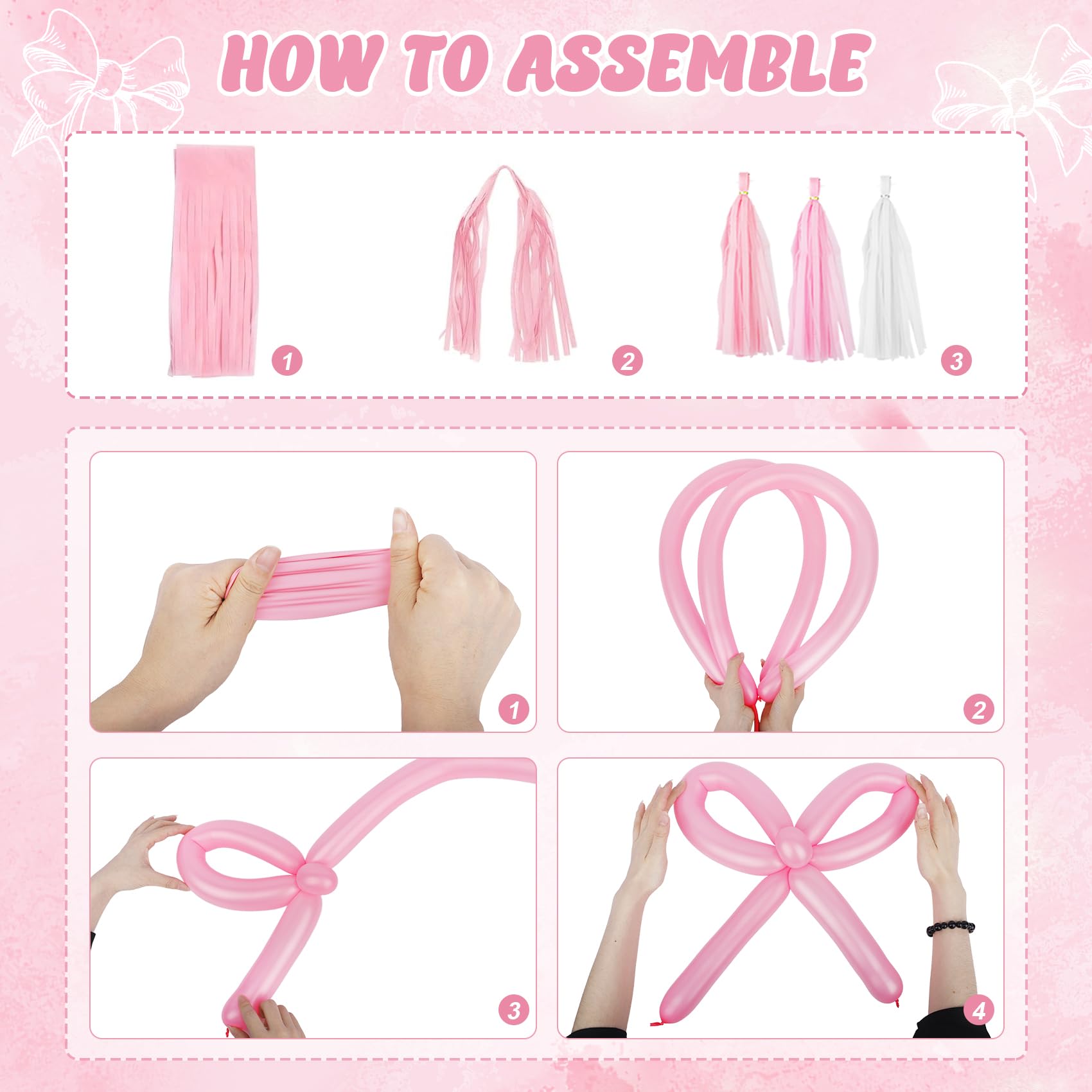 Ouddy Life Pink Bow Birthday Decoration Set – 121 Pieces Coquette Party Supplies with Balloons, Banner, Cake Toppers