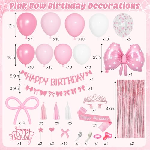 Ouddy Life Pink Bow Birthday Decoration Set – 121 Pieces Coquette Party Supplies with Balloons, Banner, Cake Toppers