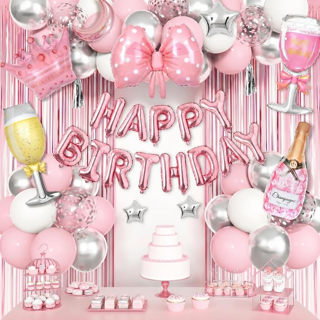 Ouddy Life Pink Happy Birthday Party Decorations – 96-Piece Set for Women & Girls