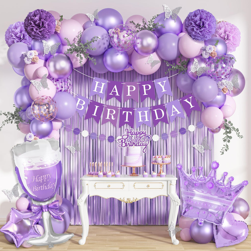 Ouddy Life Purple Pink Birthday Party Decorations Kit - Balloons, Fringe Curtain, Cake Topper for Women Girls