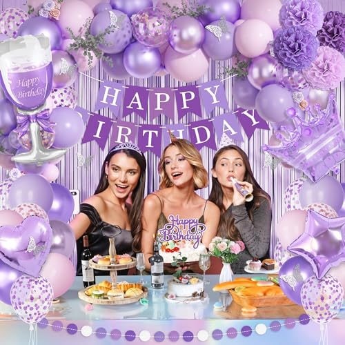 Ouddy Life Purple Pink Birthday Party Decorations Kit - Balloons, Fringe Curtain, Cake Topper for Women Girls