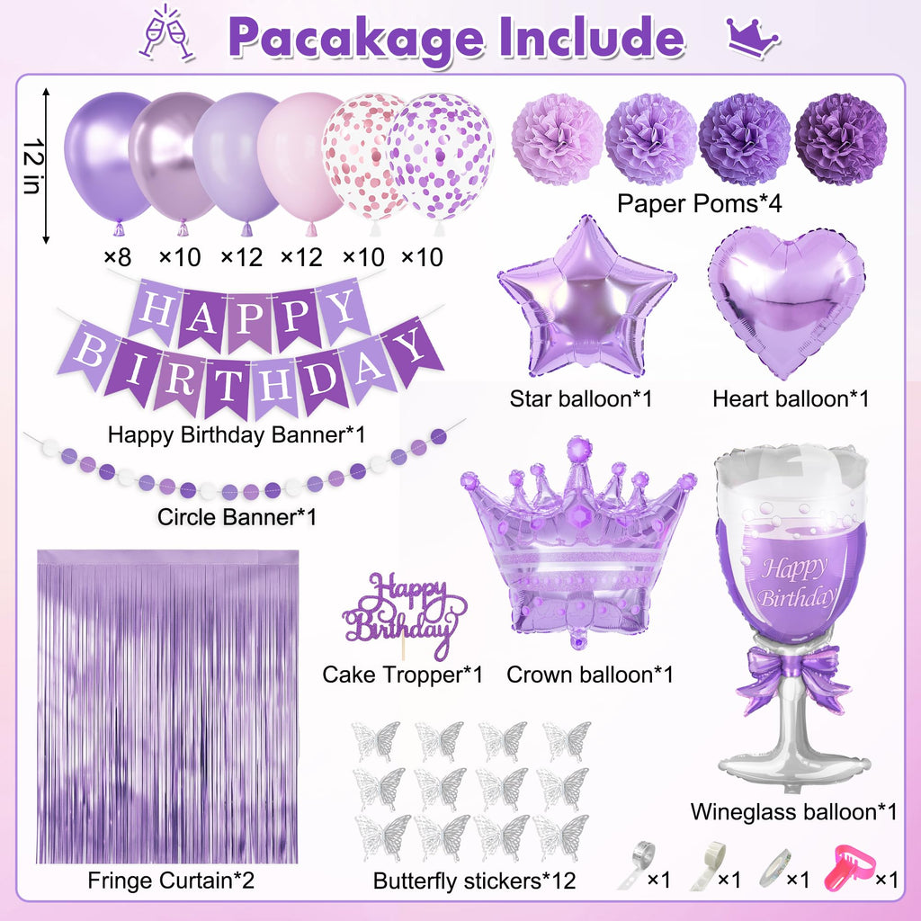 Ouddy Life Purple Pink Birthday Party Decorations Kit - Balloons, Fringe Curtain, Cake Topper for Women Girls