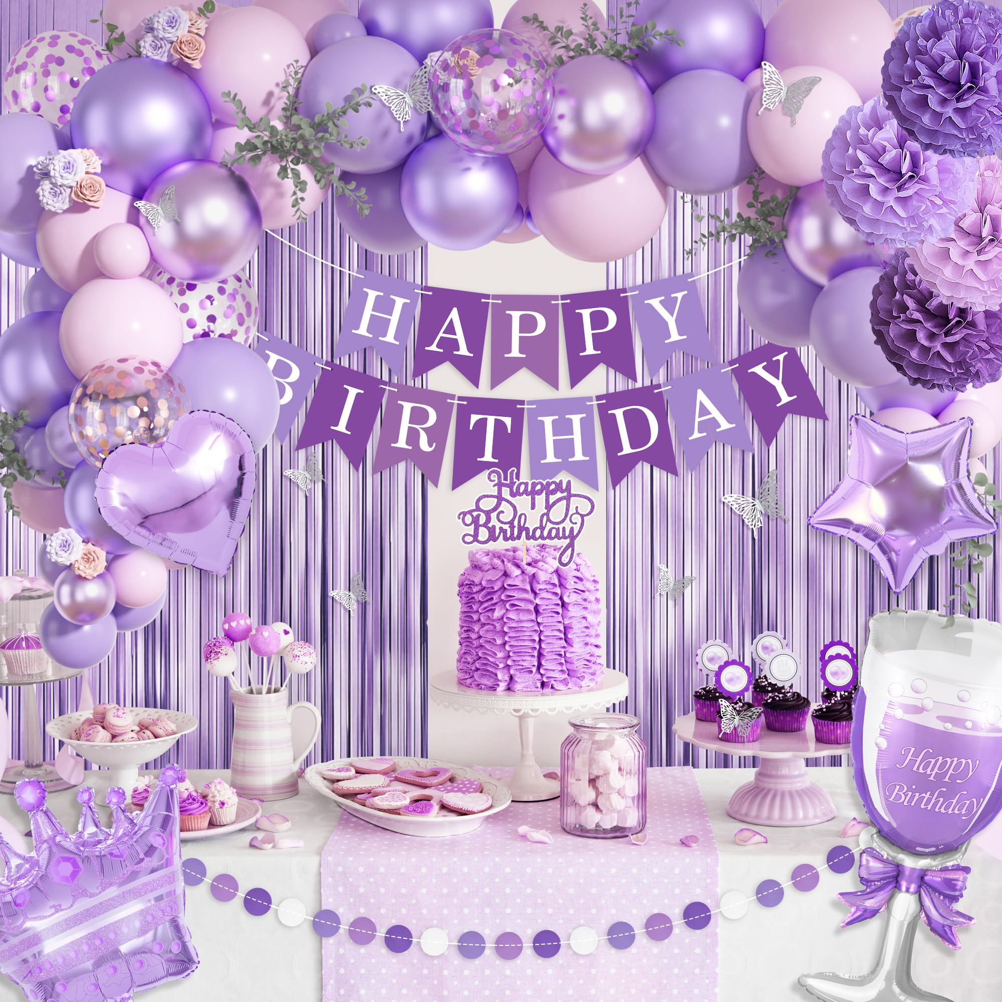 Ouddy Life Purple Pink Birthday Party Decorations Kit - Balloons, Fringe Curtain, Cake Topper for Women Girls