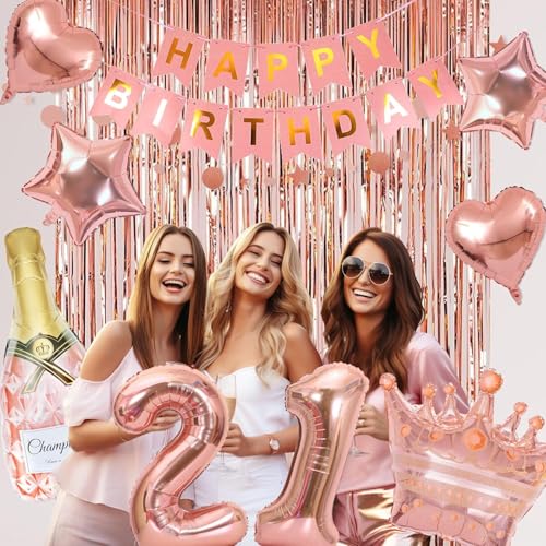 Ouddy Life Rose Gold 21st Birthday Decorations Kit - 78 Pieces with Butterfly Sticks and Balloons