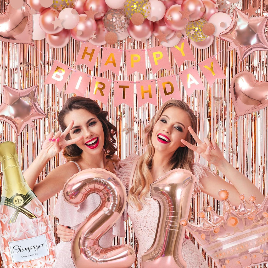 Ouddy Life Rose Gold 21st Birthday Decorations Kit - 78 Pieces with Butterfly Sticks and Balloons
