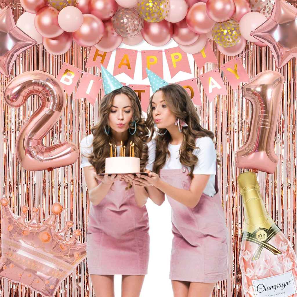 Ouddy Life Rose Gold 21st Birthday Decorations Kit - 78 Pieces with Butterfly Sticks and Balloons