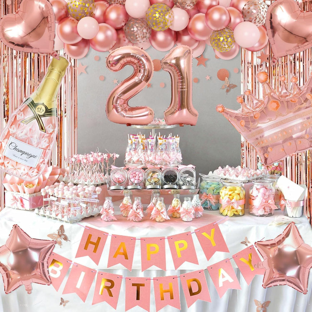 Ouddy Life Rose Gold 21st Birthday Decorations Kit - 78 Pieces with Butterfly Sticks and Balloons