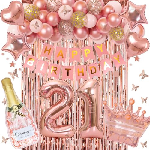 Ouddy Life Rose Gold 21st Birthday Decorations Kit - 78 Pieces with Butterfly Sticks and Balloons