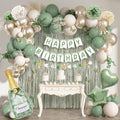 Ouddy Life Sage Green Birthday Decorations Kit – 91-Piece Green, White, Gold Party Supplies with Balloons, Banner, Cake Topper, Fringe Curtain