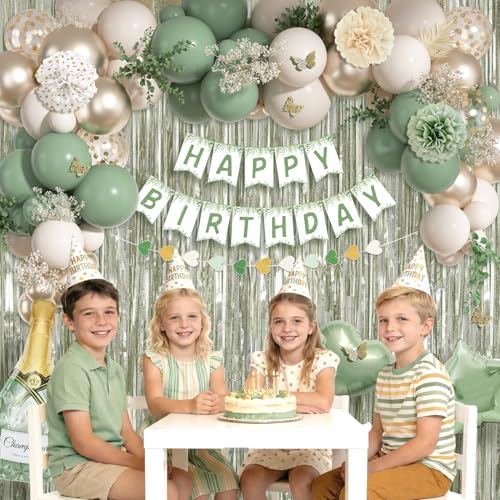 Ouddy Life Sage Green Birthday Decorations Kit – 91-Piece Green, White, Gold Party Supplies with Balloons, Banner, Cake Topper, Fringe Curtain
