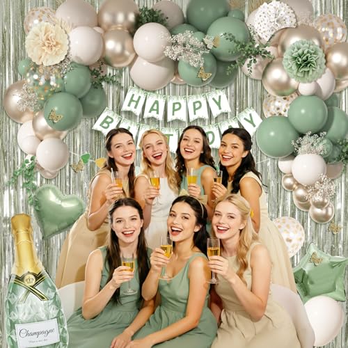 Ouddy Life Sage Green Birthday Decorations Kit – 91-Piece Green, White, Gold Party Supplies with Balloons, Banner, Cake Topper, Fringe Curtain