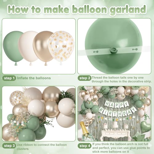 Ouddy Life Sage Green Birthday Decorations Kit – 91-Piece Green, White, Gold Party Supplies with Balloons, Banner, Cake Topper, Fringe Curtain