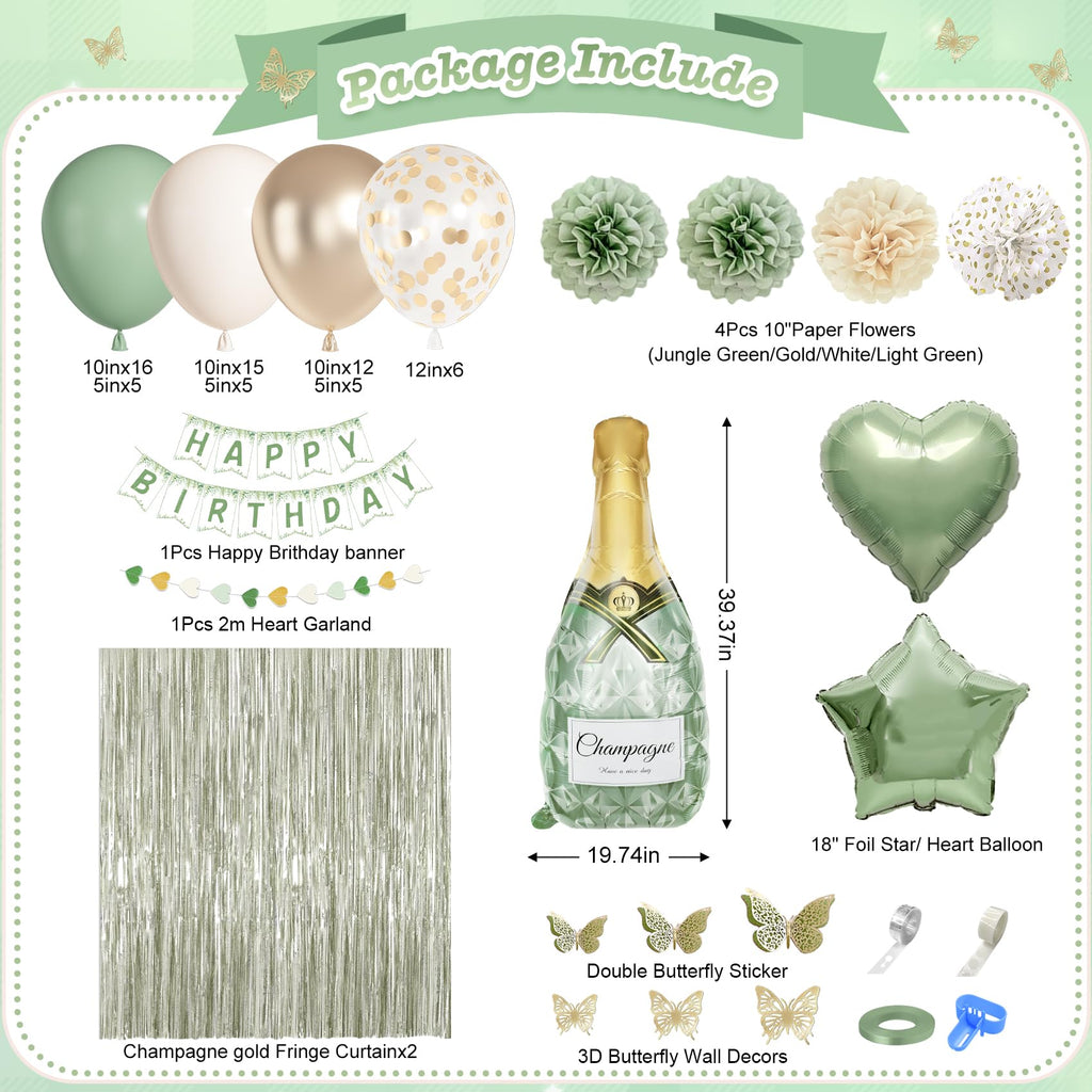 Ouddy Life Sage Green Birthday Decorations Kit – 91-Piece Green, White, Gold Party Supplies with Balloons, Banner, Cake Topper, Fringe Curtain