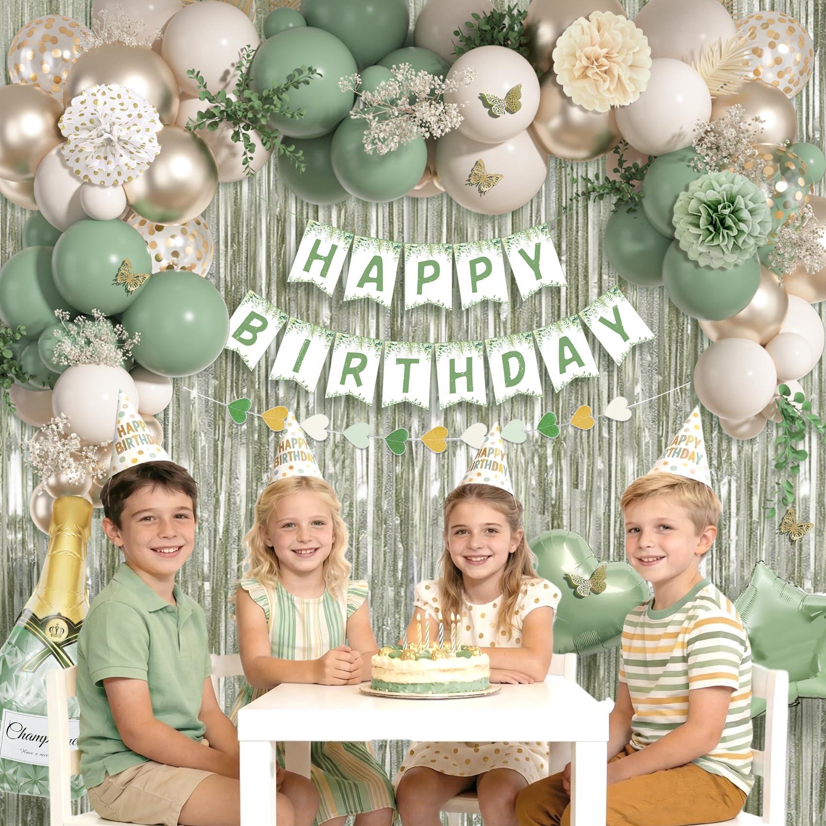 Ouddy Life Sage Green Birthday Decorations Kit – 91-Piece Green, White, Gold Party Supplies with Balloons, Banner, Cake Topper, Fringe Curtain