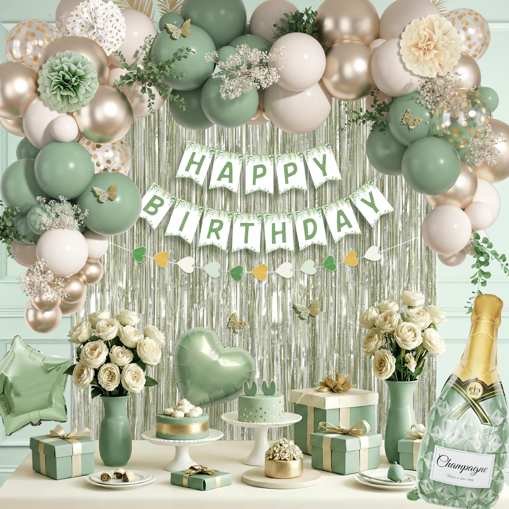 Ouddy Life Sage Green Birthday Decorations Kit – 91-Piece Green, White, Gold Party Supplies with Balloons, Banner, Cake Topper, Fringe Curtain