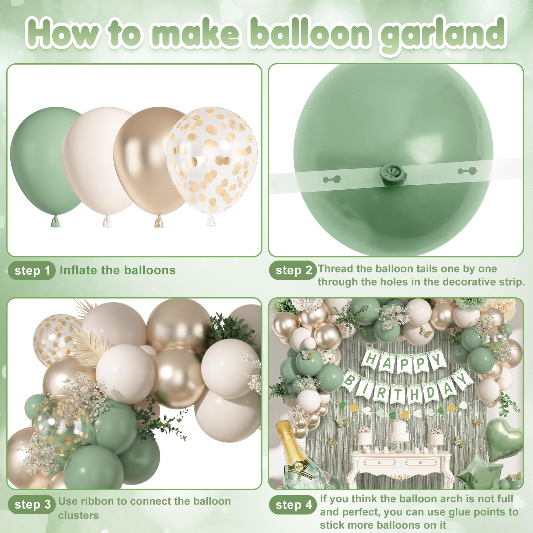 Ouddy Life Sage Green Birthday Decorations Kit – 91-Piece Green, White, Gold Party Supplies with Balloons, Banner, Cake Topper, Fringe Curtain