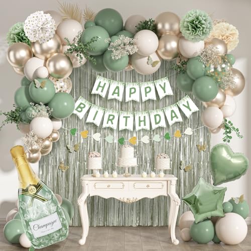 Ouddy Life Sage Green Birthday Decorations Kit – 91-Piece Green, White, Gold Party Supplies with Balloons, Banner, Cake Topper, Fringe Curtain