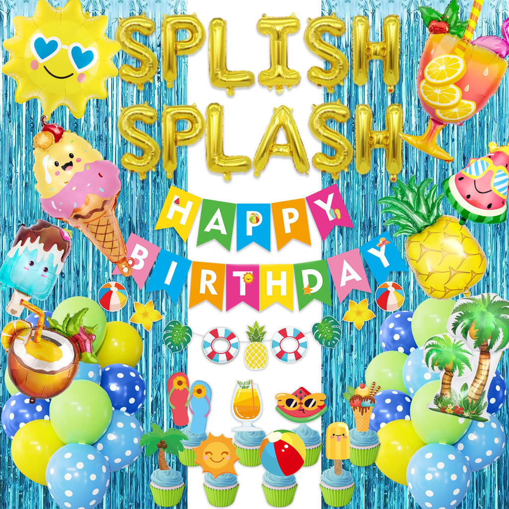 Ouddy Life Splish Splash Summer Pool Party Decoration Set - 63 Pieces Including Foil Balloons, Banner, Cake Toppers & More