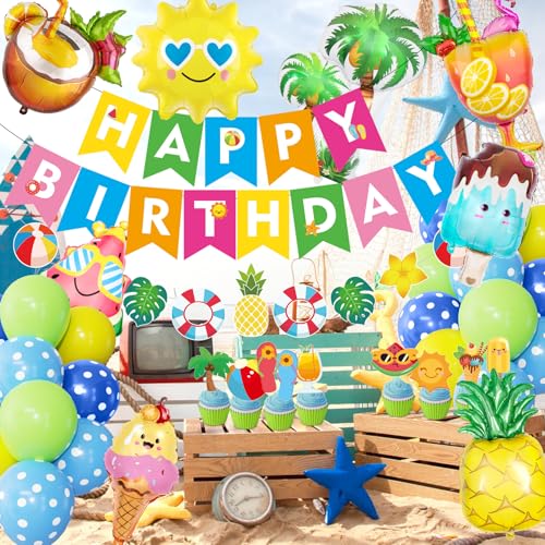 Ouddy Life Splish Splash Summer Pool Party Decoration Set - 63 Pieces Including Foil Balloons, Banner, Cake Toppers & More