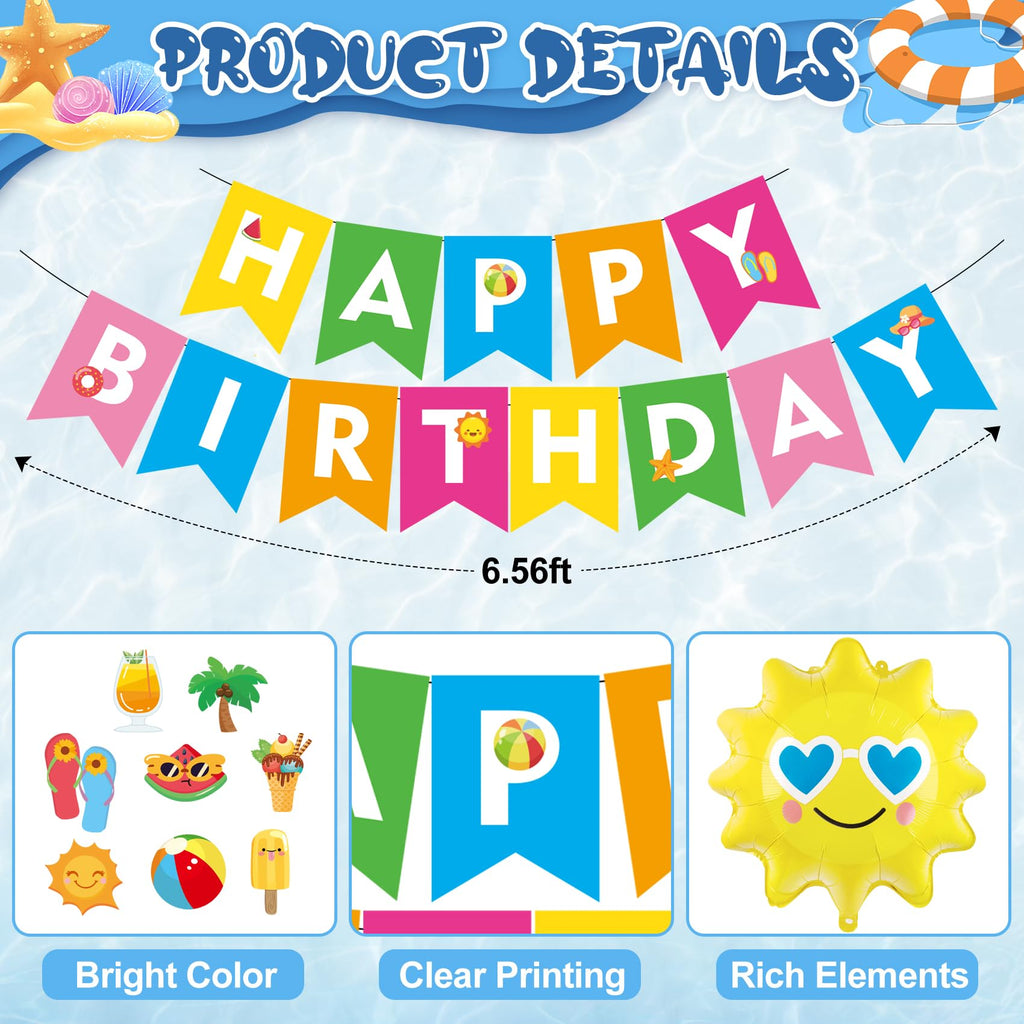 Ouddy Life Splish Splash Summer Pool Party Decoration Set - 63 Pieces Including Foil Balloons, Banner, Cake Toppers & More
