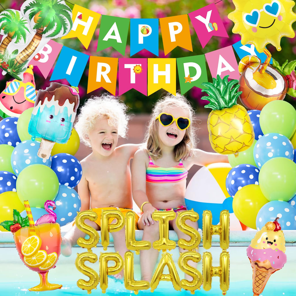 Ouddy Life Splish Splash Summer Pool Party Decoration Set - 63 Pieces Including Foil Balloons, Banner, Cake Toppers & More