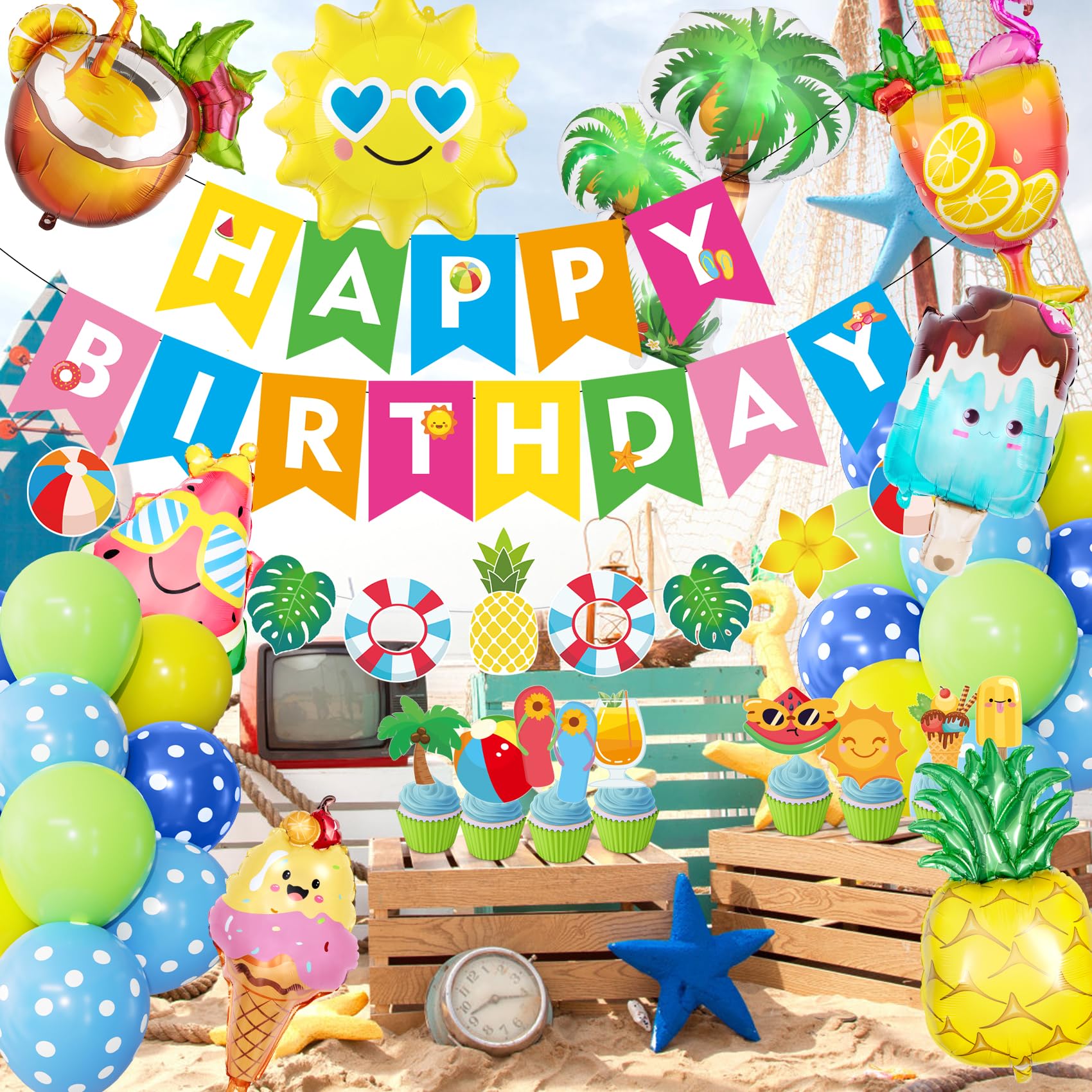 Ouddy Life Splish Splash Summer Pool Party Decoration Set - 63 Pieces Including Foil Balloons, Banner, Cake Toppers & More