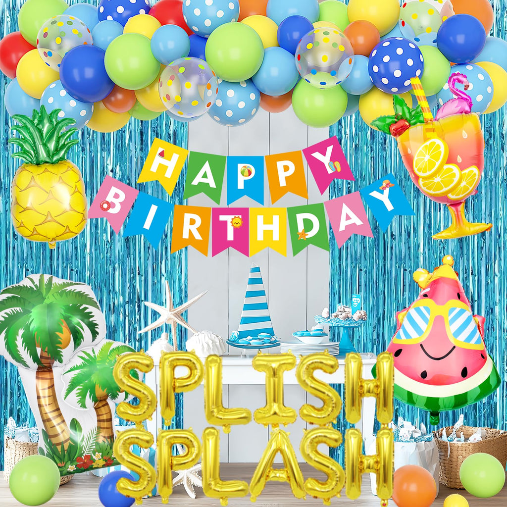 Ouddy Life Splish Splash Summer Pool Party Decoration Set - 63 Pieces Including Foil Balloons, Banner, Cake Toppers & More