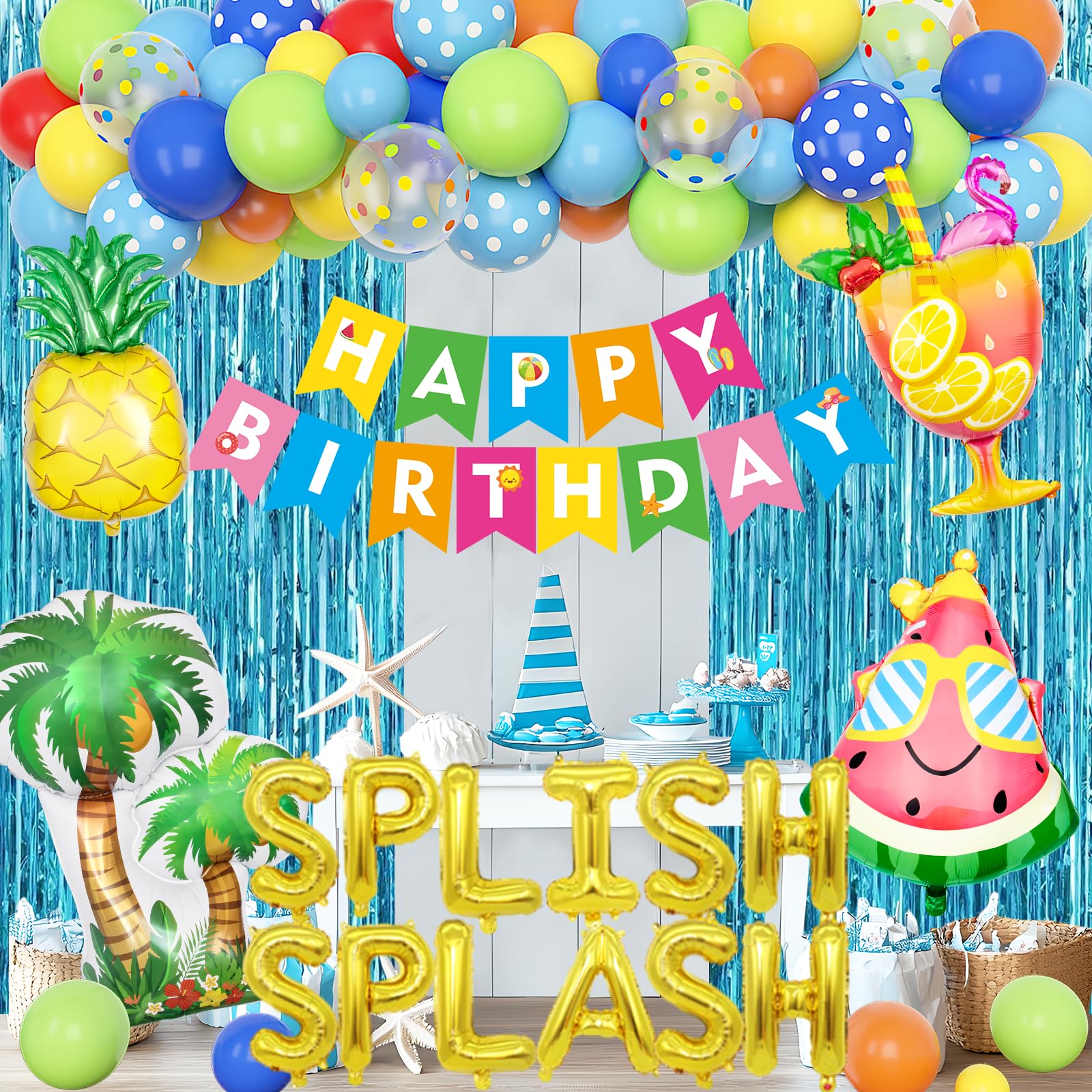 Ouddy Life Splish Splash Summer Pool Party Decoration Set - 63 Pieces Including Foil Balloons, Banner, Cake Toppers & More