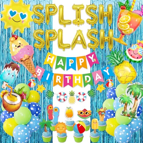 Ouddy Life Splish Splash Summer Pool Party Decoration Set - 63 Pieces Including Foil Balloons, Banner, Cake Toppers & More