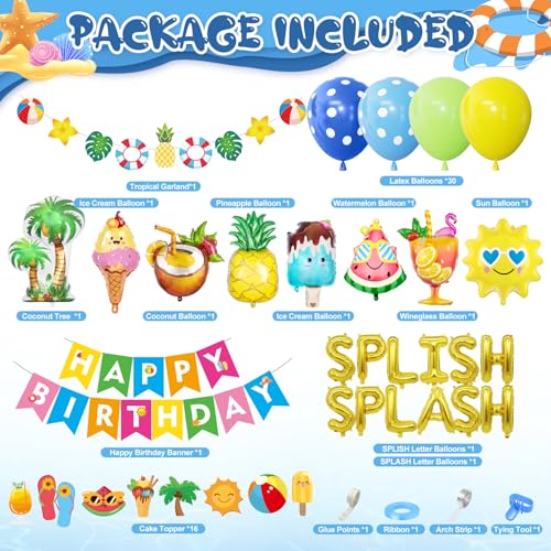 Ouddy Life Splish Splash Summer Pool Party Decoration Set - 63 Pieces Including Foil Balloons, Banner, Cake Toppers & More