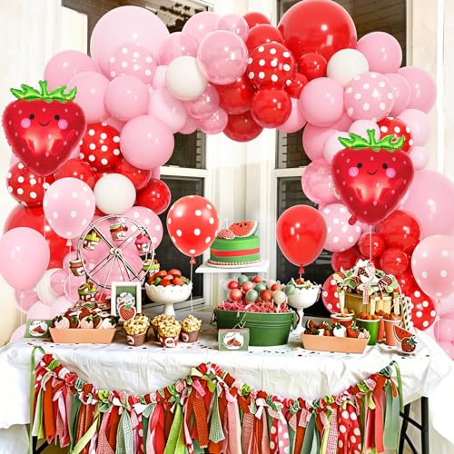 Ouddy Life Strawberry Balloon Garland Arch Kit – 171-Piece Party Decor for Berry Themed Events