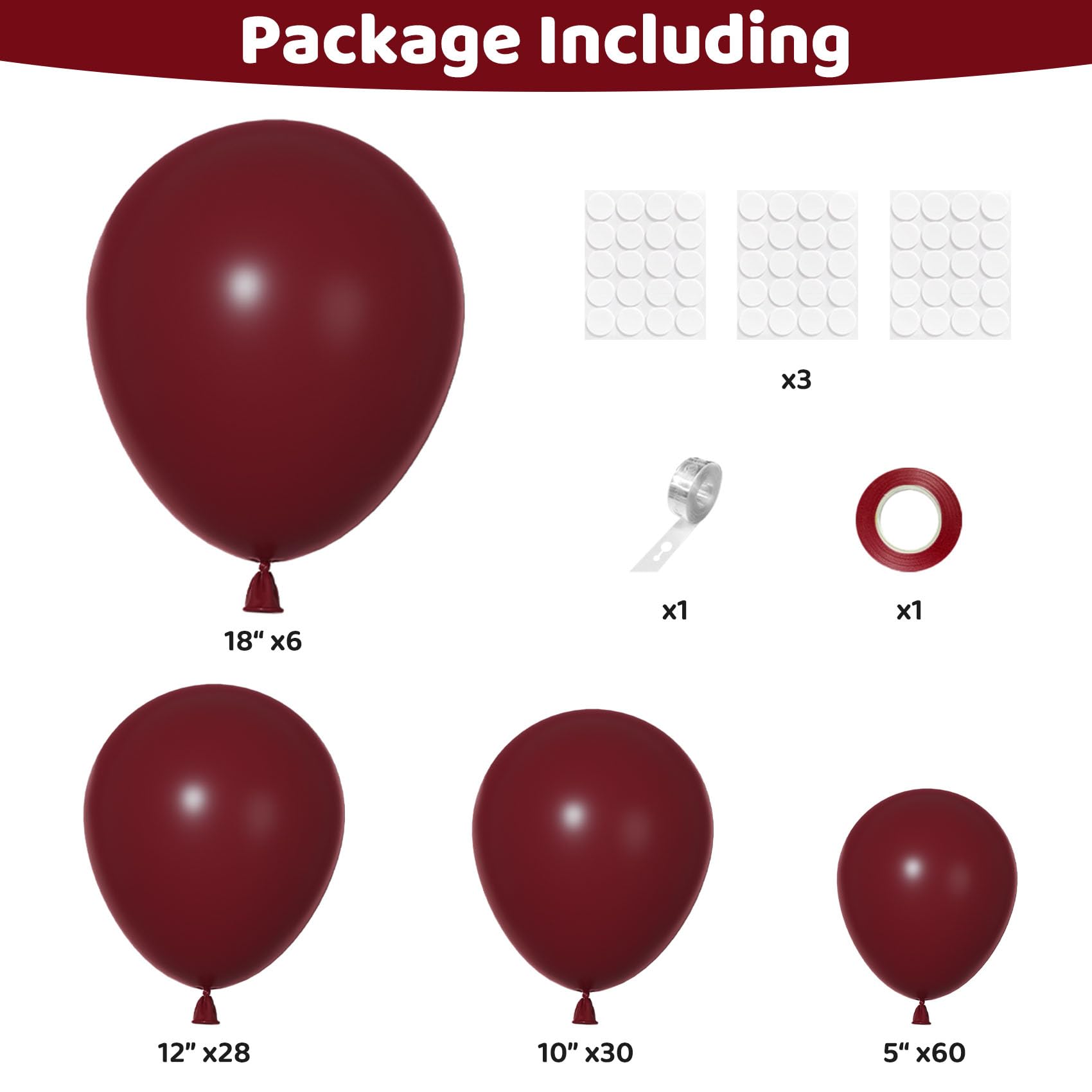 Ouddy Party 129-Piece Burgundy Balloon Set with Arch Kit - Sizes 18, 12, 10, 5 Inches