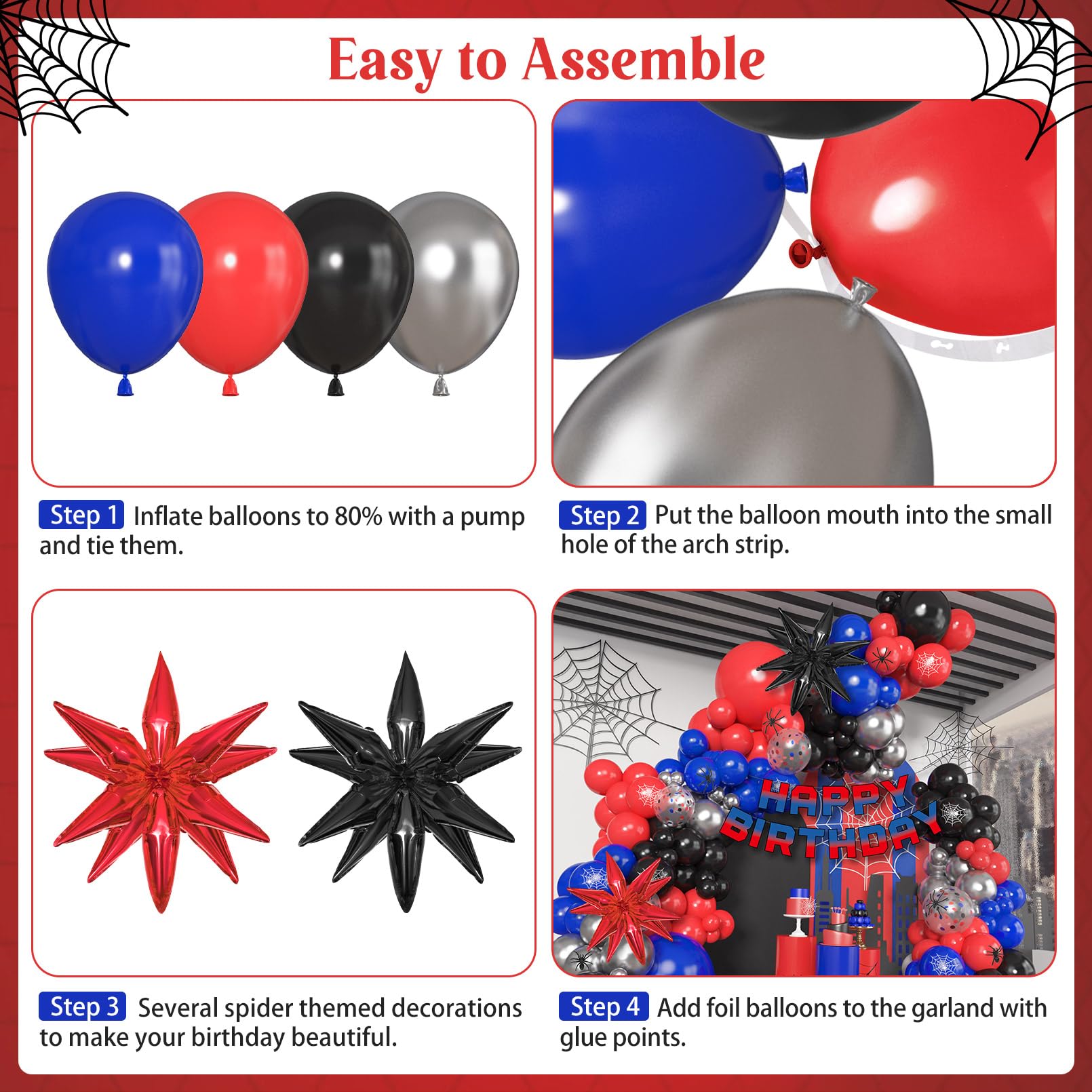 Ouddy Party 162-Piece Spider Theme Balloon Arch Garland Kit with Star Foil Balloons and Happy Birthday Banner for Boys, Kids, Baby Shower