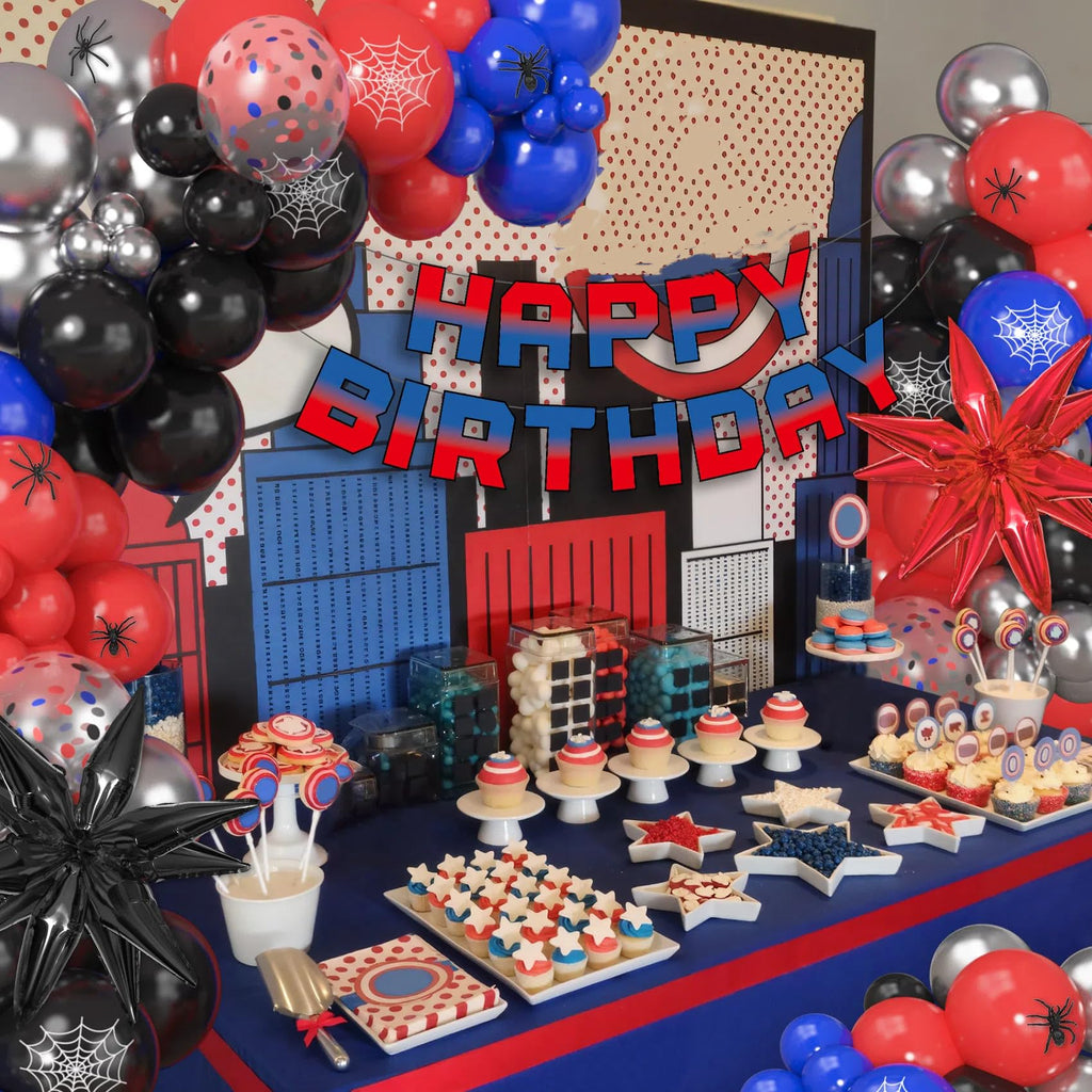 Ouddy Party 162-Piece Spider Theme Balloon Arch Garland Kit with Star Foil Balloons and Happy Birthday Banner for Boys, Kids, Baby Shower