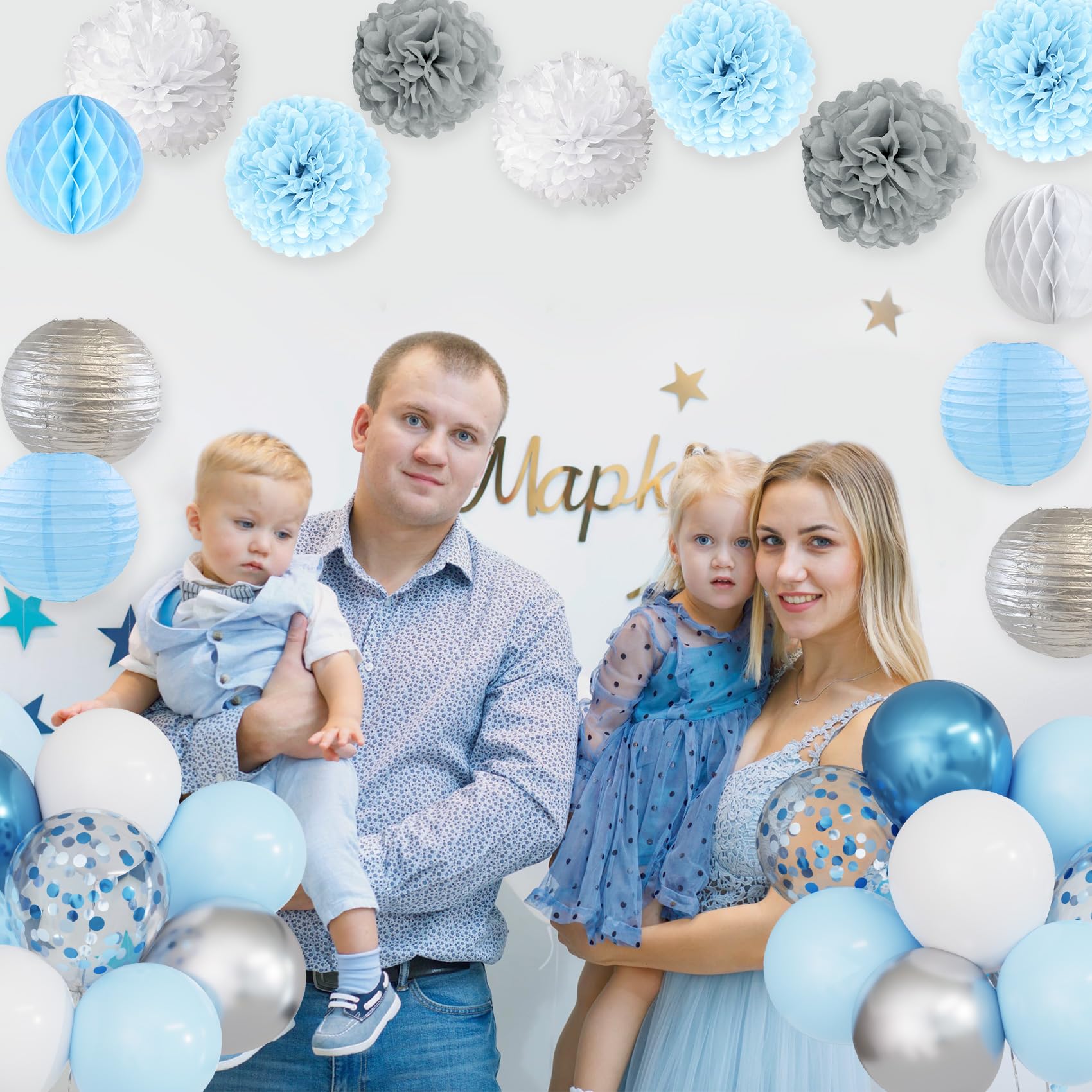 Ouddy Party Blue Baby Shower Decorations Set - 54 Pieces with Its a Boy Banner, Balloons, and Paper Decor