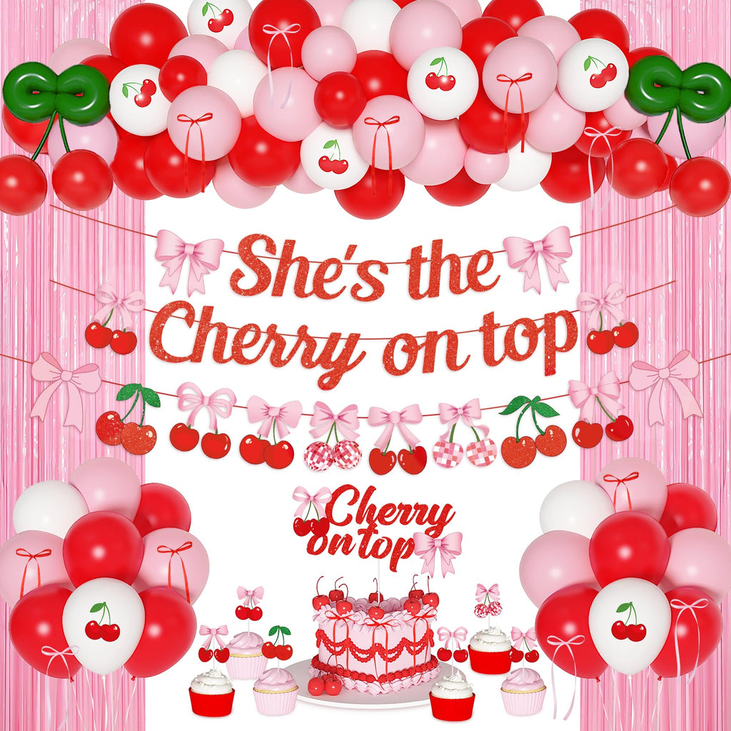 Ouddy Party Cherry Themed Party Decorations Set – Banner, Cake Toppers, Balloons & Fringe Curtains