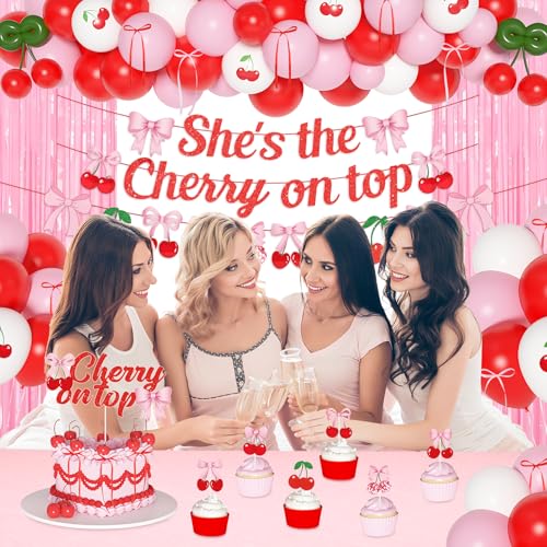 Ouddy Party Cherry Themed Party Decorations Set – Banner, Cake Toppers, Balloons & Fringe Curtains
