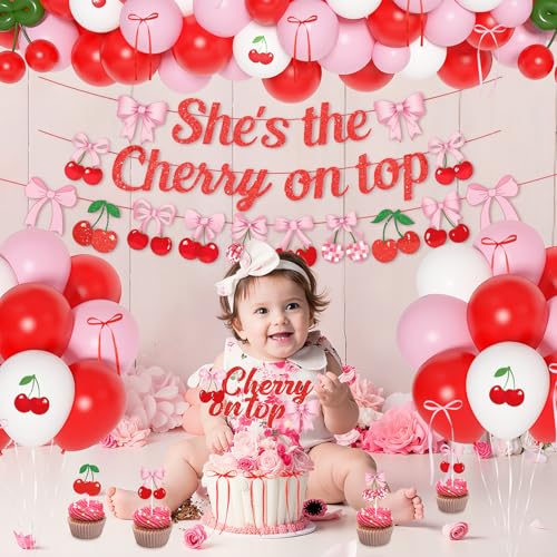 Ouddy Party Cherry Themed Party Decorations Set – Banner, Cake Toppers, Balloons & Fringe Curtains