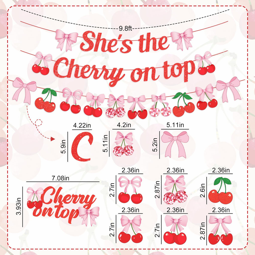 Ouddy Party Cherry Themed Party Decorations Set – Banner, Cake Toppers, Balloons & Fringe Curtains
