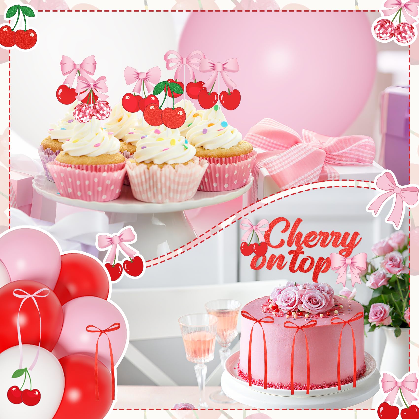 Ouddy Party Cherry Themed Party Decorations Set – Banner, Cake Toppers, Balloons & Fringe Curtains