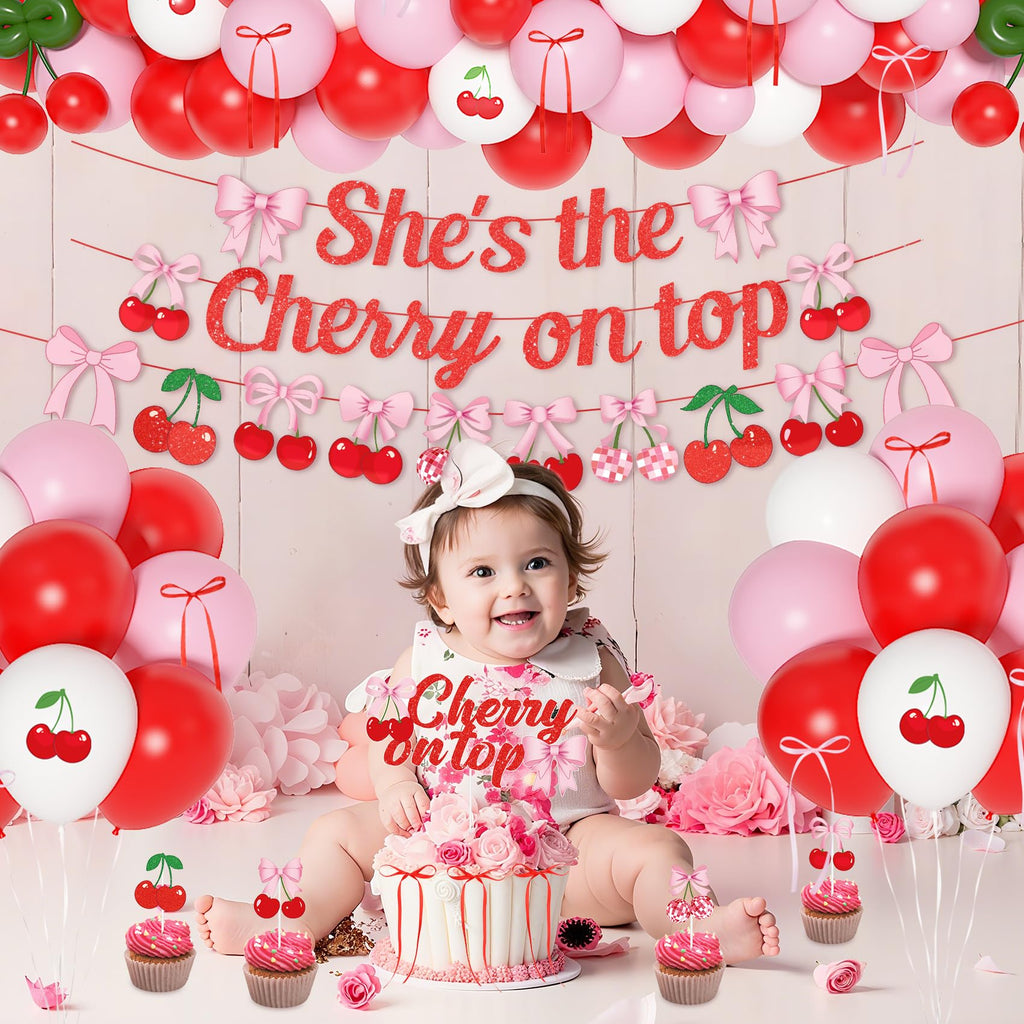 Ouddy Party Cherry Themed Party Decorations Set – Banner, Cake Toppers, Balloons & Fringe Curtains