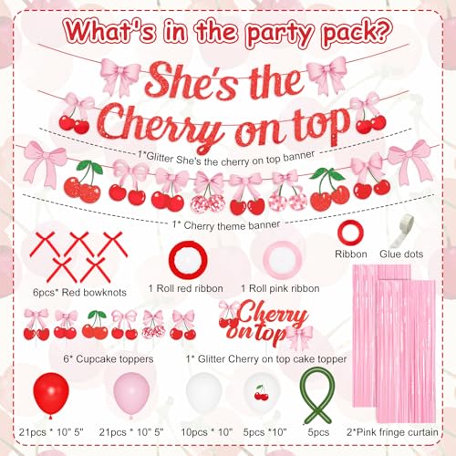 Ouddy Party Cherry Themed Party Decorations Set – Banner, Cake Toppers, Balloons & Fringe Curtains